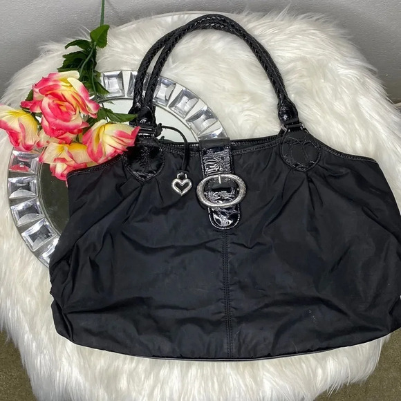 Brighton Black Nylon Shoulder Bag With Silver Buckle Leather Trim and Detail - Picture 11 of 12